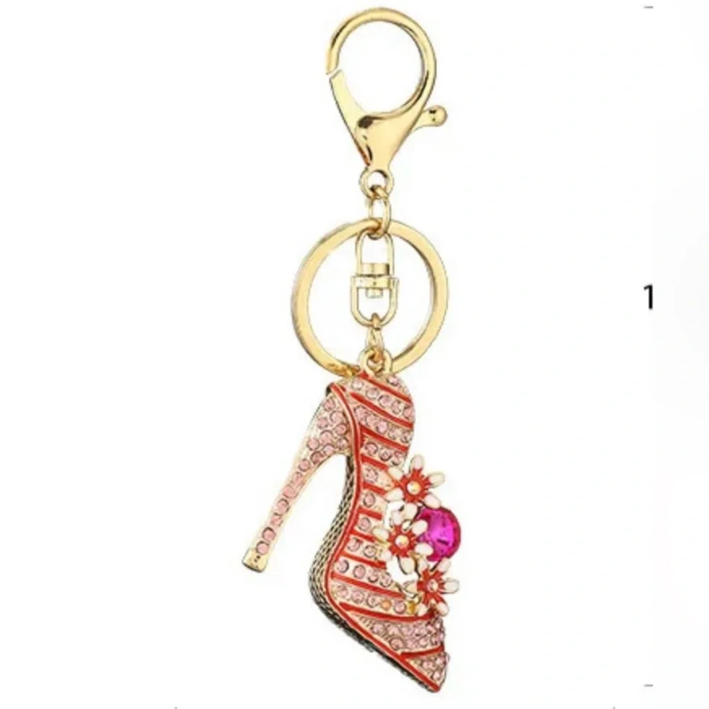 Diamond Inlaid High Heeled Shoes Key Chain Bag Car Key Ring Pendant 5 Inches Red